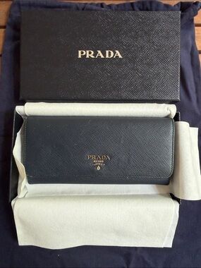 Prada Navy Blue Baltico Saffiano Leather Continental Wallet with Gold Logo
